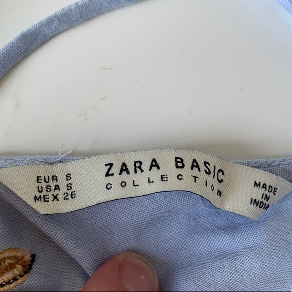 Zara Chambray Light Blue Open Back Embroidered Fruit Shirt Women’s Size Small - Picture 7 of 10